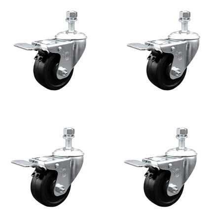 Service Caster 3.5 Inch SS Soft Rubber 3/8 Inch Threaded Stem Caster Set Total Lock Brake SCC SCC-SSTSTTL20S3514-SRS-381615-4
